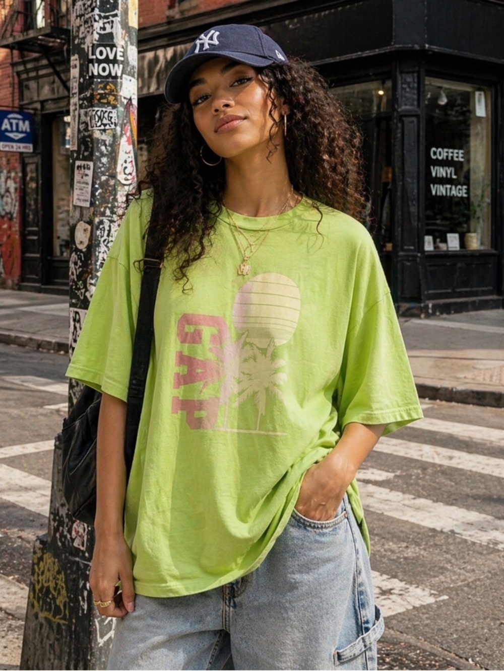 GAP Bright Green Graphic Print Short Sleeve Side Slit Oversized Casual Tee Shirt